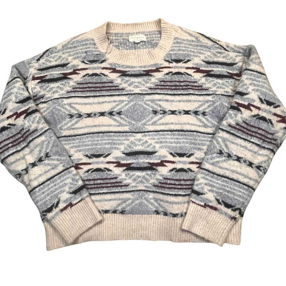 Lucky Brand Womens Medium Blue Cream Southwestern Knit Pullover Sweater